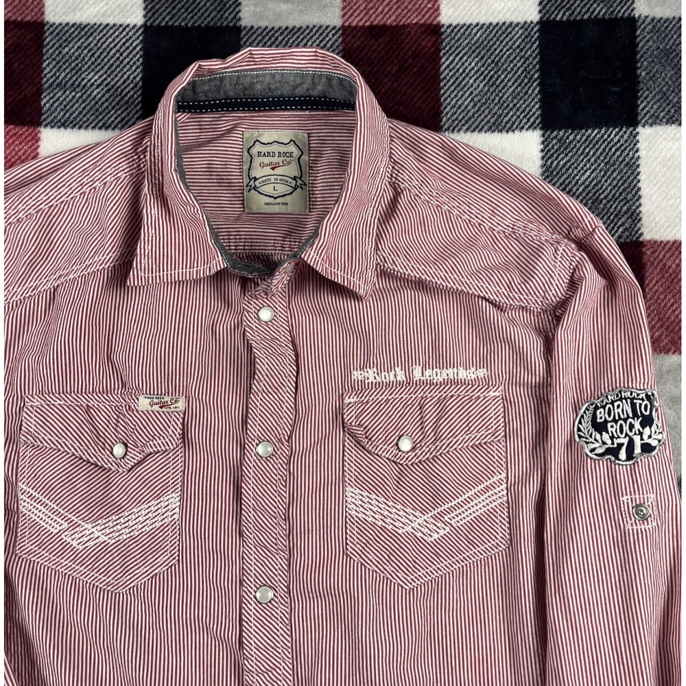Hard Rock Guitar Co. Shirt L Hickory Stripe Rock Legends Pearl Snap Rockabilly